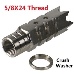 Stainless Steel .308, Shark Muzzle Brake Device, Pressure Reducer, 5/8x24 Pitch with Crush Washer